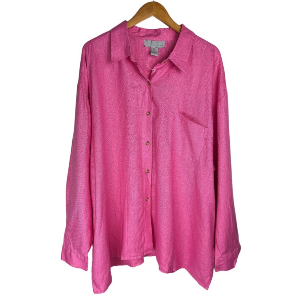NWOT Real Comfort Pink 100% Linen Button Down Top Sz 3X Lagenlook